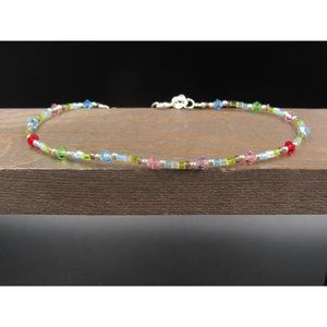 10" Sterling Silver Dainty Colorful Crystal Ankle Bracelet Vintage Elegant